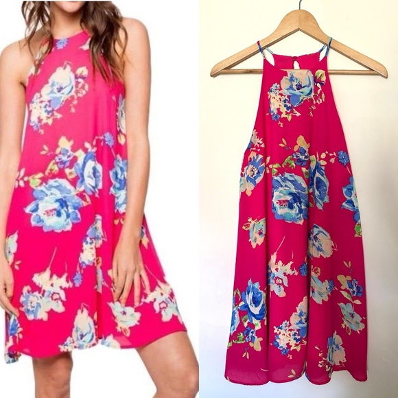 Everly Pink Floral Sundress Mini Women Sz Small Halter Neck Sleeveless - Picture 1 of 10